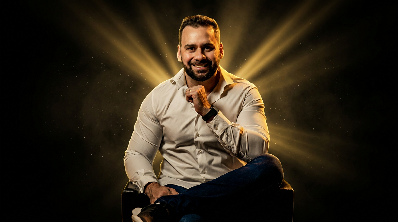 Jonatas Arrotéia em sessão fotográfica com iluminação dourada cinematográfica